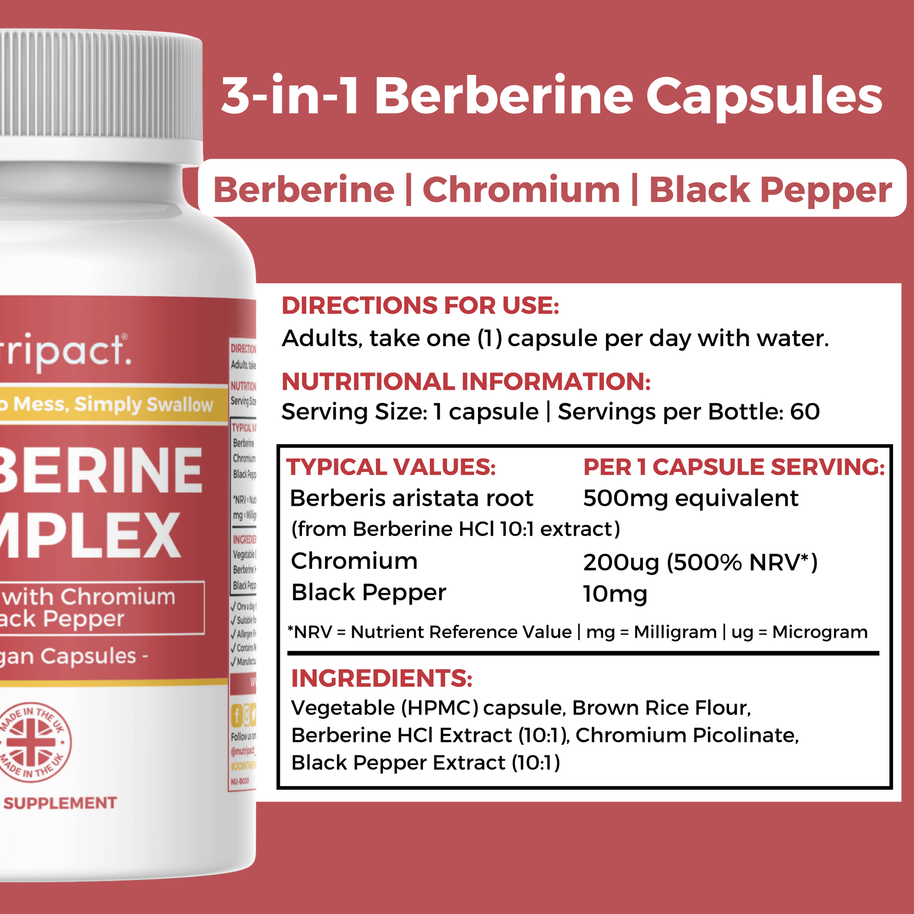 Nutripact Berberine Complex Capsules nutritional information label showing ingredients and serving size