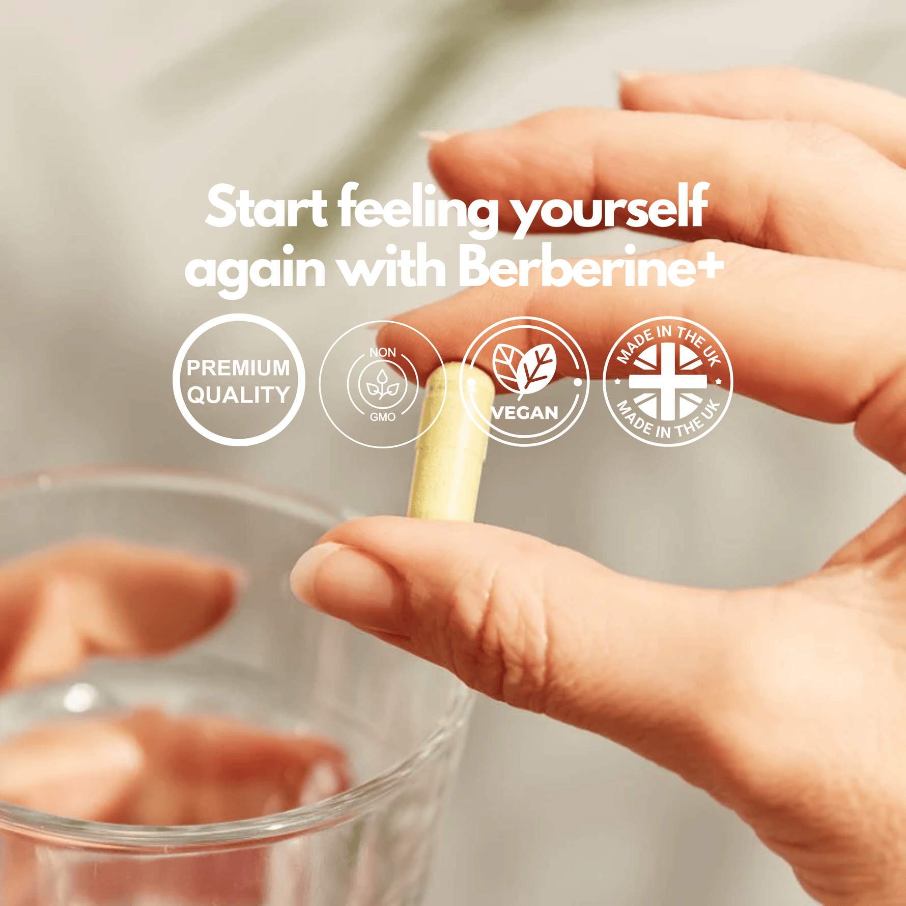 Hand holding a Nutripact Berberine Complex Capsule alongside a glass of water, highlighting key product benefits - Premium Quality, Non GMO, Vegan & Made In The UK