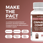 Nutripact Blood Sugar Support Capsules showing key product attributes on a brown background - Cinnamon, Chromium, Plant extracts, 100% Vegan, Gluten free & Non GMO