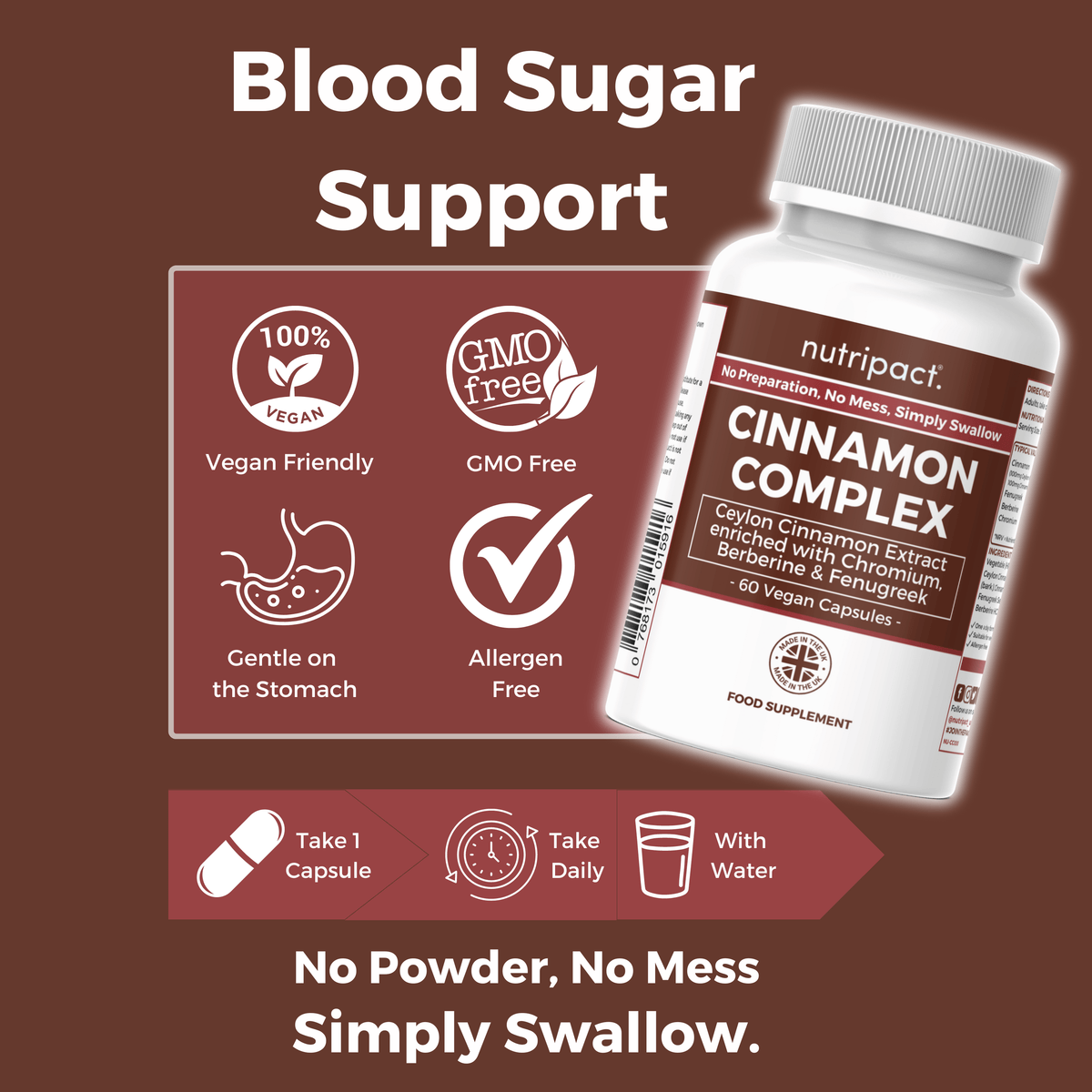Nutripact Blood Sugar Support Capsules highlighting key product features on a brown background - Vegan Friendly, GMO Free, Gentle on the Stomach & Allergen Free