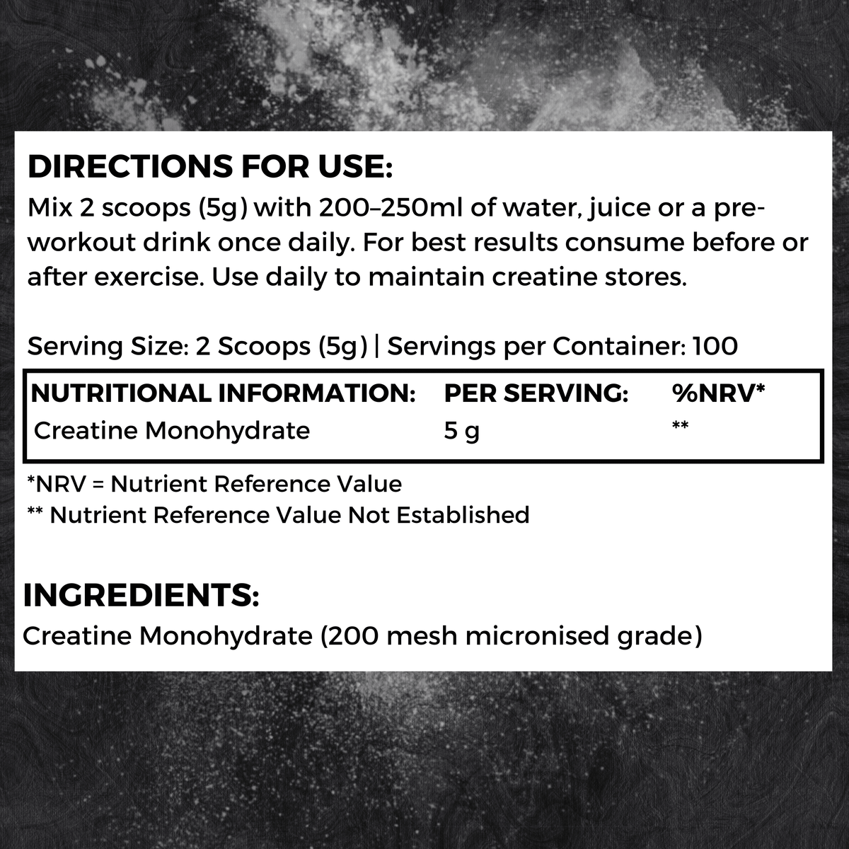Nutripact Creatine Monohydrate Powder nutritional information label showing ingredients and serving size on a black background