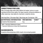 Nutripact Creatine Monohydrate Powder nutritional information label showing ingredients and serving size on a black background