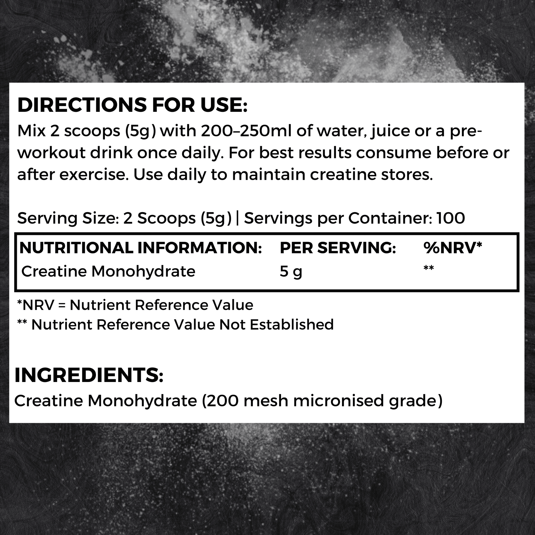 Nutripact Creatine Monohydrate Powder nutritional information label showing ingredients and serving size on a black background