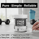 Nutripact Creatine Monohydrate Powder container with a hand holding a scoop surrounded by fitness equipment