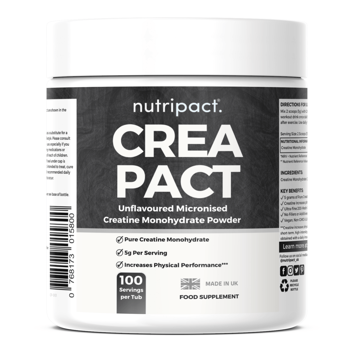 Nutripact Creatine Monohydrate Powder supplement container on a white background