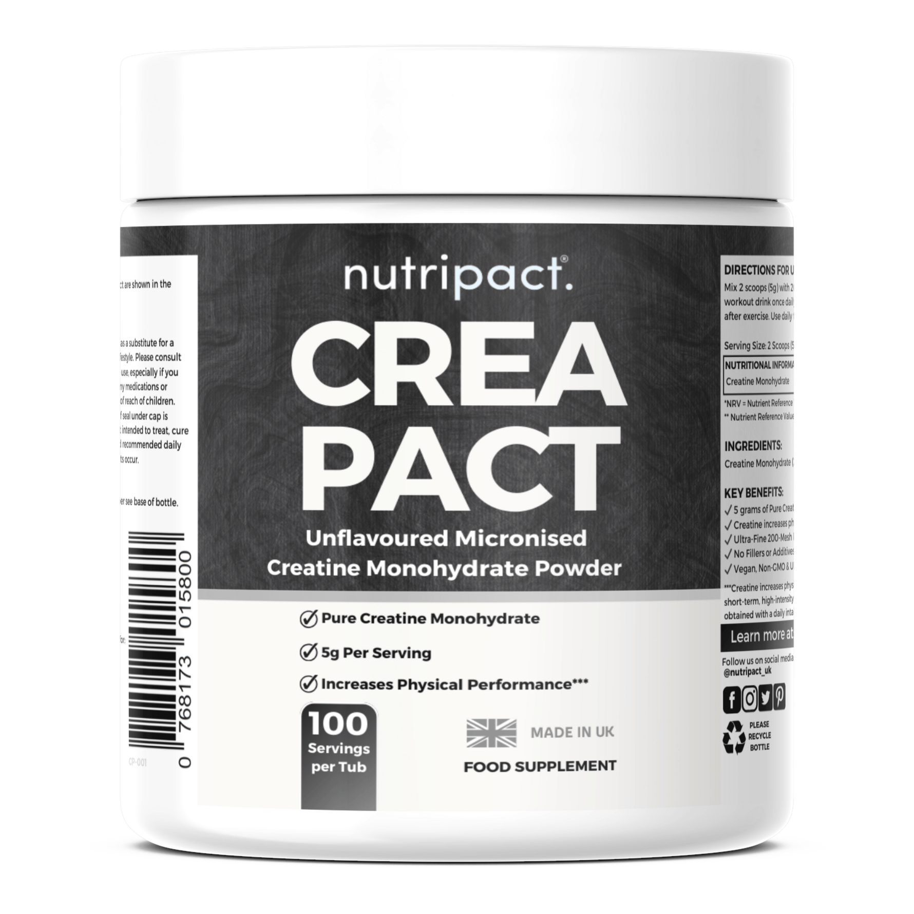 Nutripact Creatine Monohydrate Powder supplement container on a white background