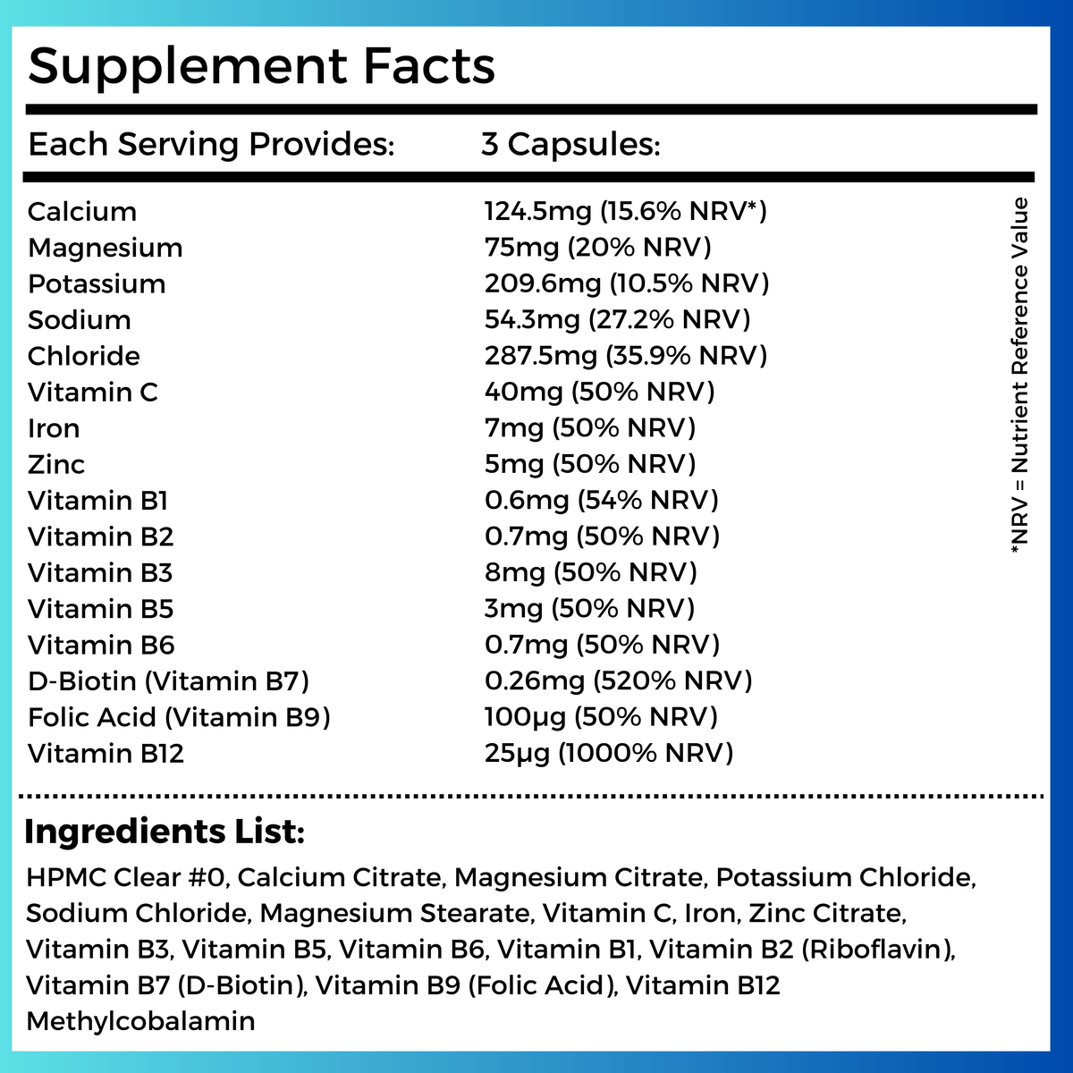 Nutripact Electrolyte Complex Capsules nutritional information label showing ingredients and serving size