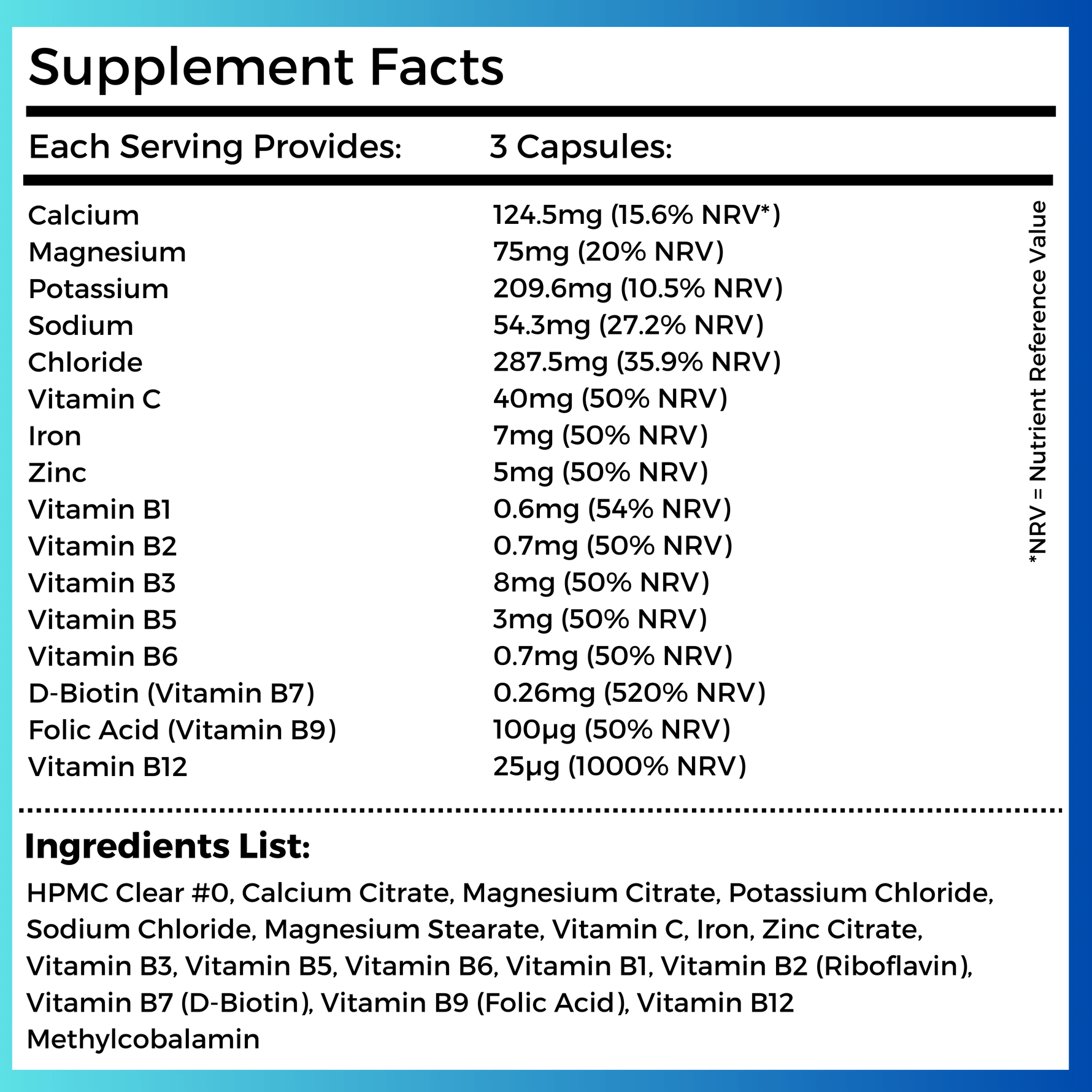 Nutripact Electrolyte Complex Capsules nutritional information label showing ingredients and serving size