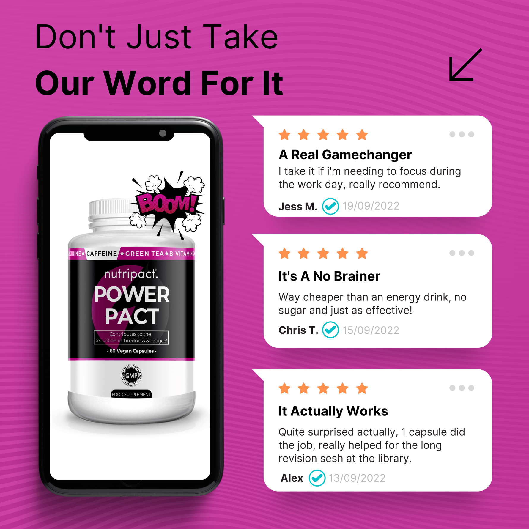 Phone displaying a Nutripact Energy Complex Capsules supplement bottle with customer reviews on a pink background