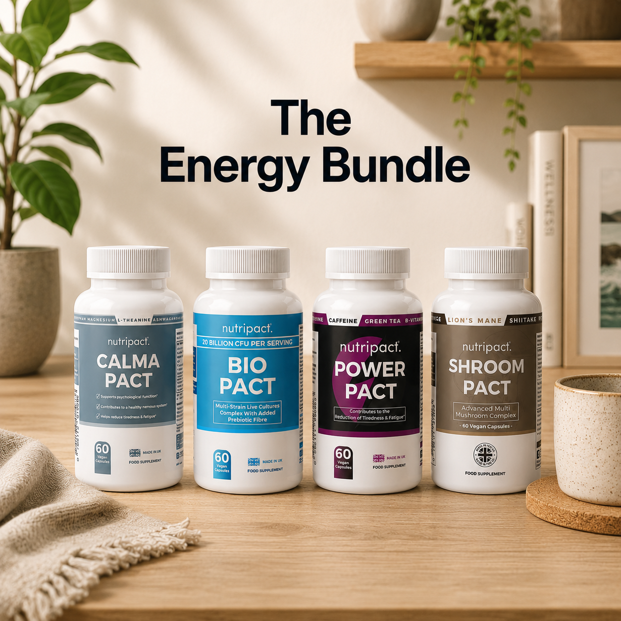 Nutripact Energy & Focus Bundle – Natural Supplements for Energy, Focus, Gut Health & Stress Relief. Includes Nutripact Relaxation & Stress Support Capsules, Energy Complex Capsules, Mushroom Complex Capsules & Probiotic Complex Capsules
