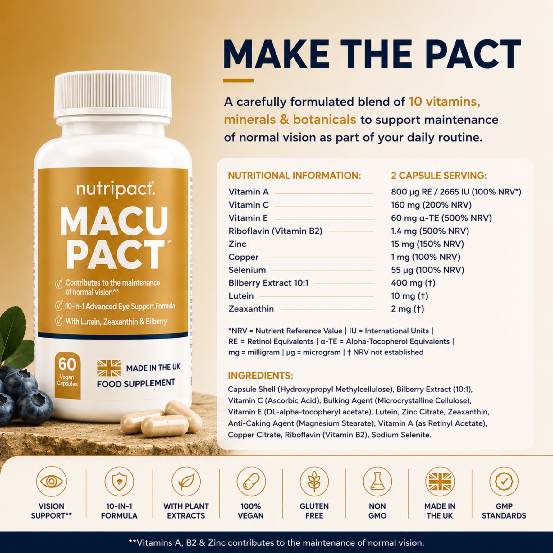Nutripact Eye Support Complex Capsules nutritional information label showing ingredients and serving size