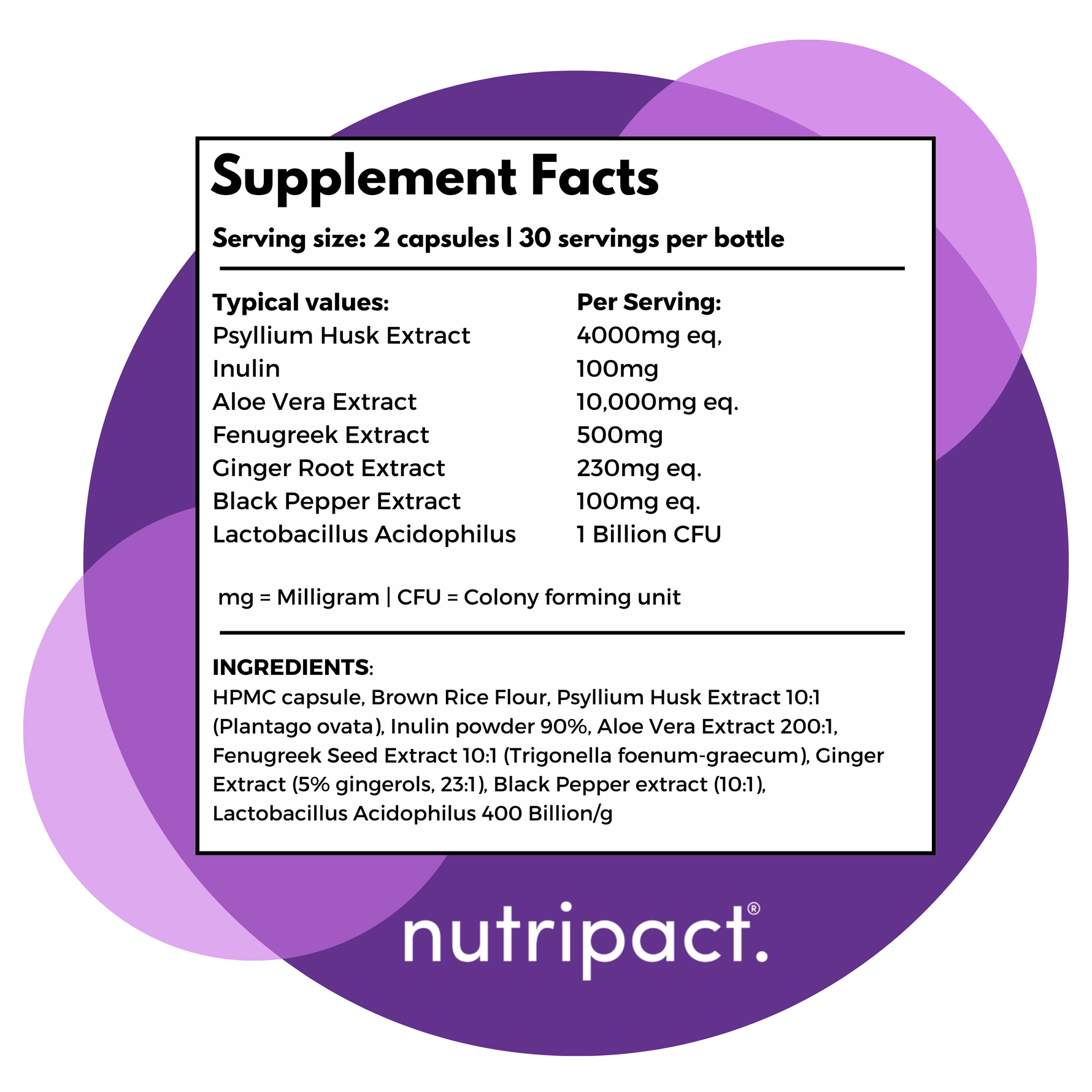 Nutripact Fibre Complex Capsules nutritional information label showing ingredients and serving size