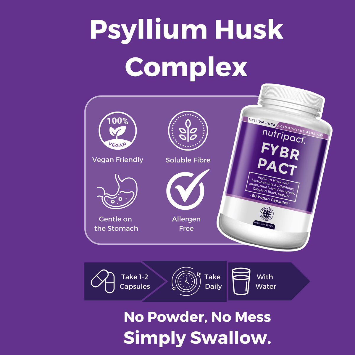 Nutripact Fibre Complex Capsules highlighting key product features on a purple background - Vegan Friendly, Soluble Fibre, Gentle on the Stomach & Allergen Free