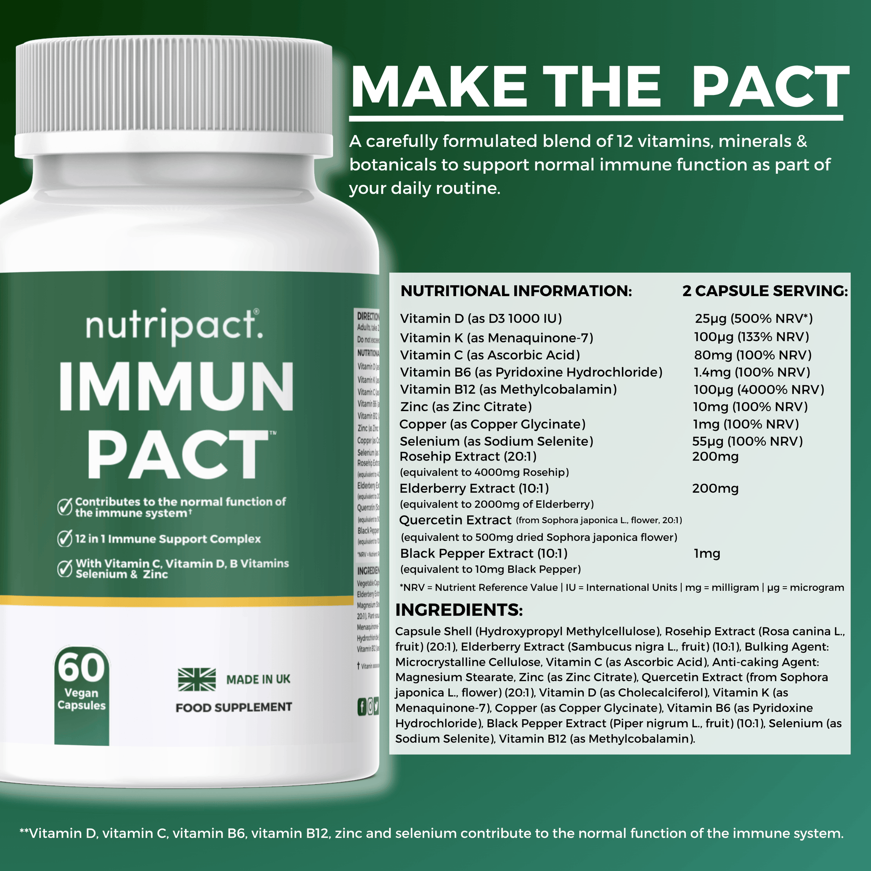 Nutripact Immune Support Capsules nutritional information label showing ingredients and serving size
