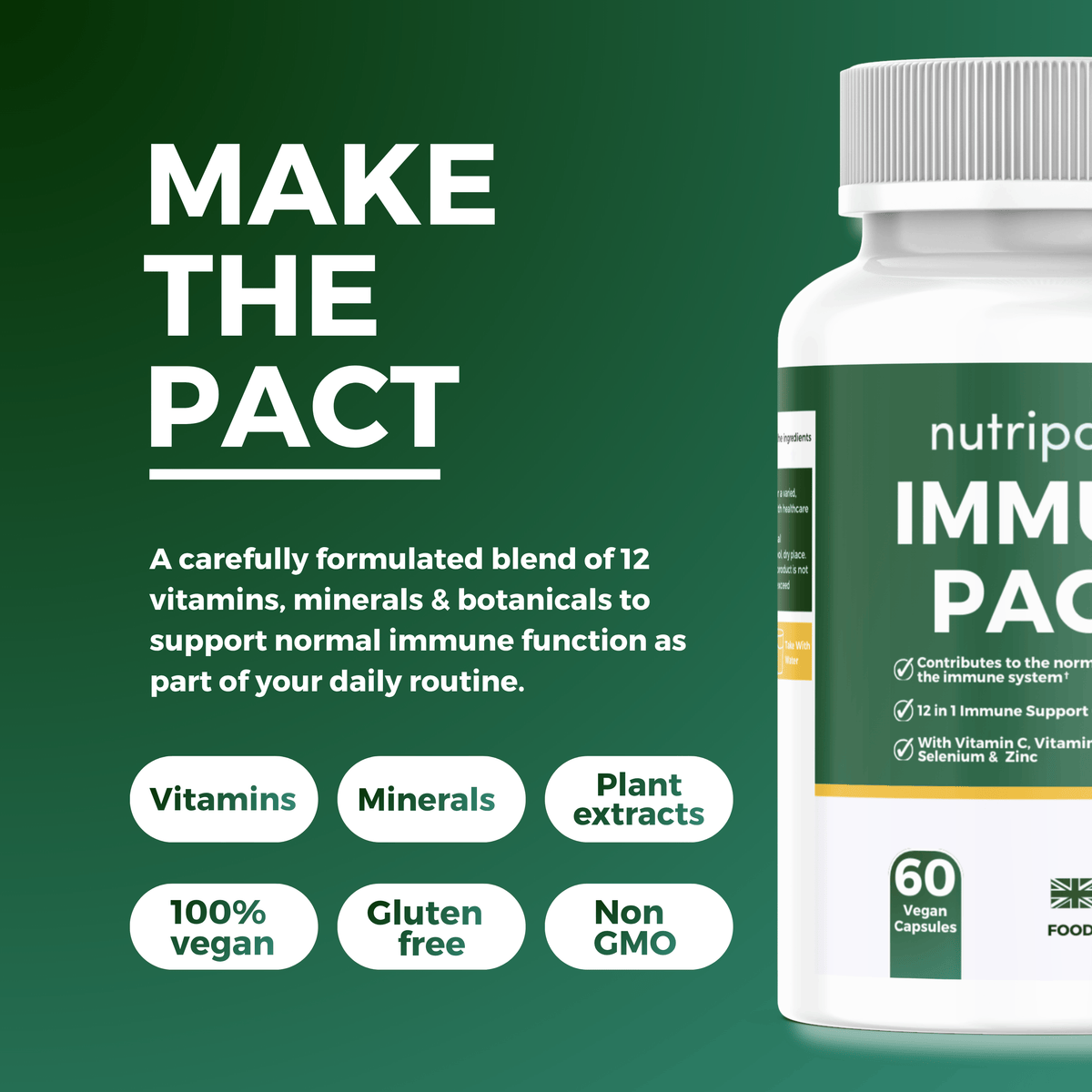 Nutripact Immune Support Capsules showing key product attributes on a green background - Vitamins, Minerals, Plant Extracts, 100% Vegan, Gluten free, Non GMO