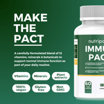 Nutripact Immune Support Capsules showing key product attributes on a green background - Vitamins, Minerals, Plant Extracts, 100% Vegan, Gluten free, Non GMO