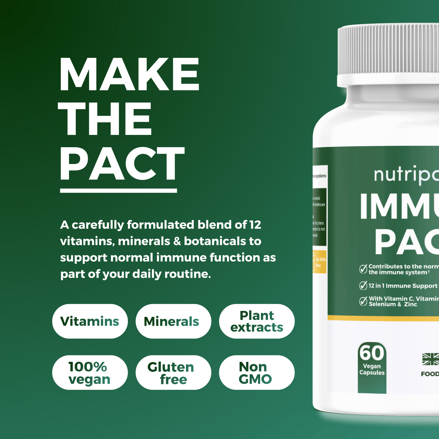 Nutripact Immune Support Capsules showing key product attributes on a green background - Vitamins, Minerals, Plant Extracts, 100% Vegan, Gluten free, Non GMO