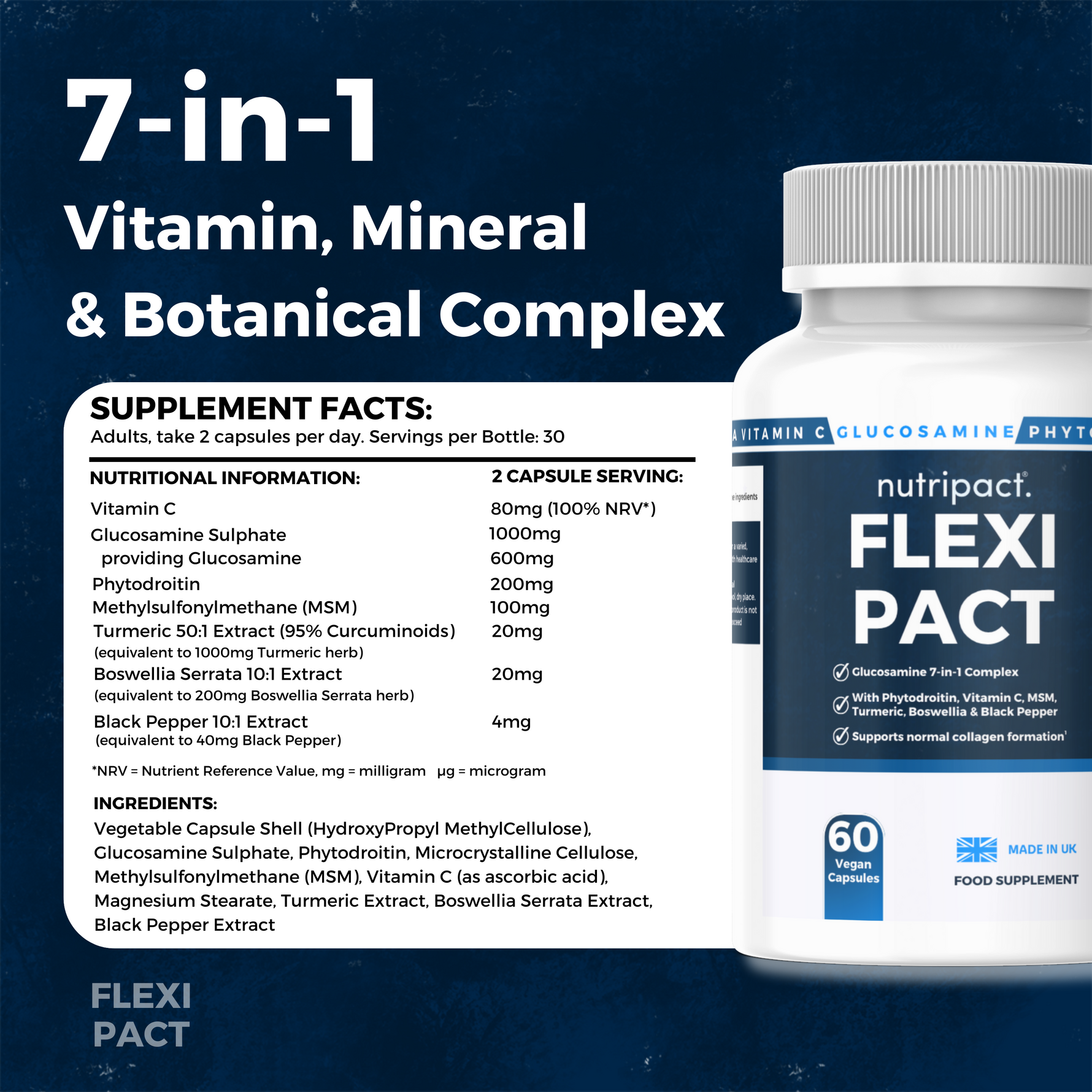 Nutripact Joint Complex Capsules nutritional information label showing ingredients and serving size