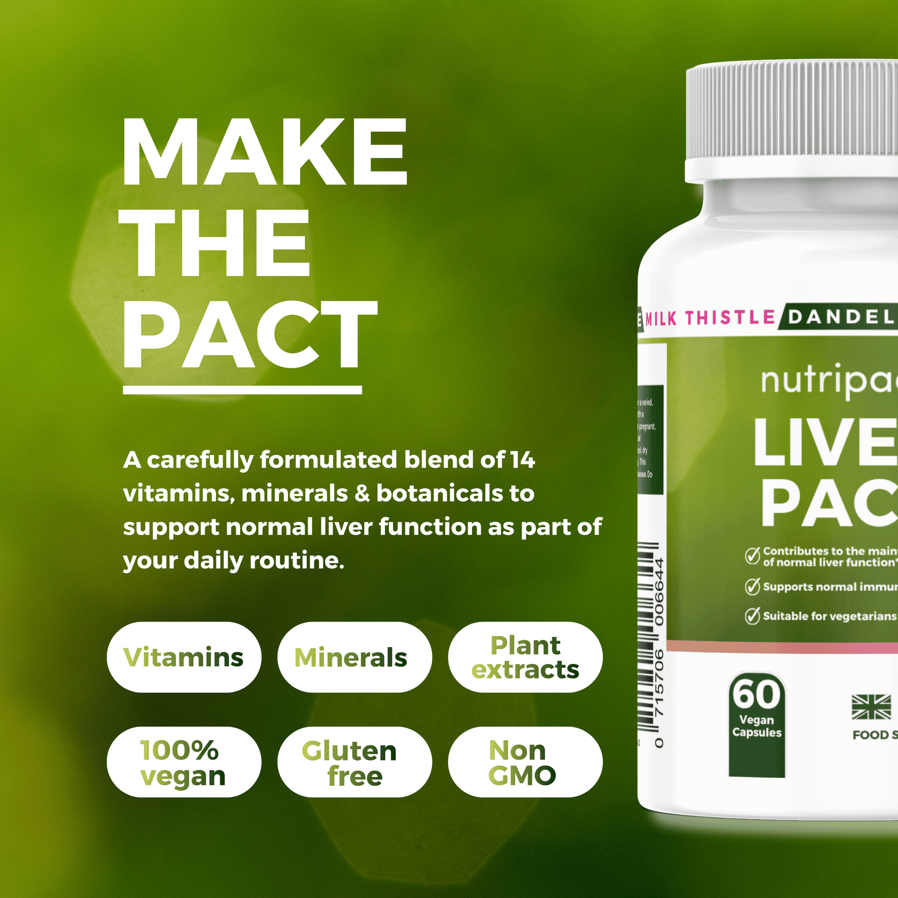 Nutripact Liver Support Complex Capsules showing key product attributes on a green background - Vitamins, Minerals, Plant extracts, 100% vegan, Gluten free & Non GMO
