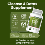 Nutripact Liver Support Complez Capsules highlighting key product features on a green background - Vegan Friendly, Immune Support, Contributes to Liver Function & Allergen Free