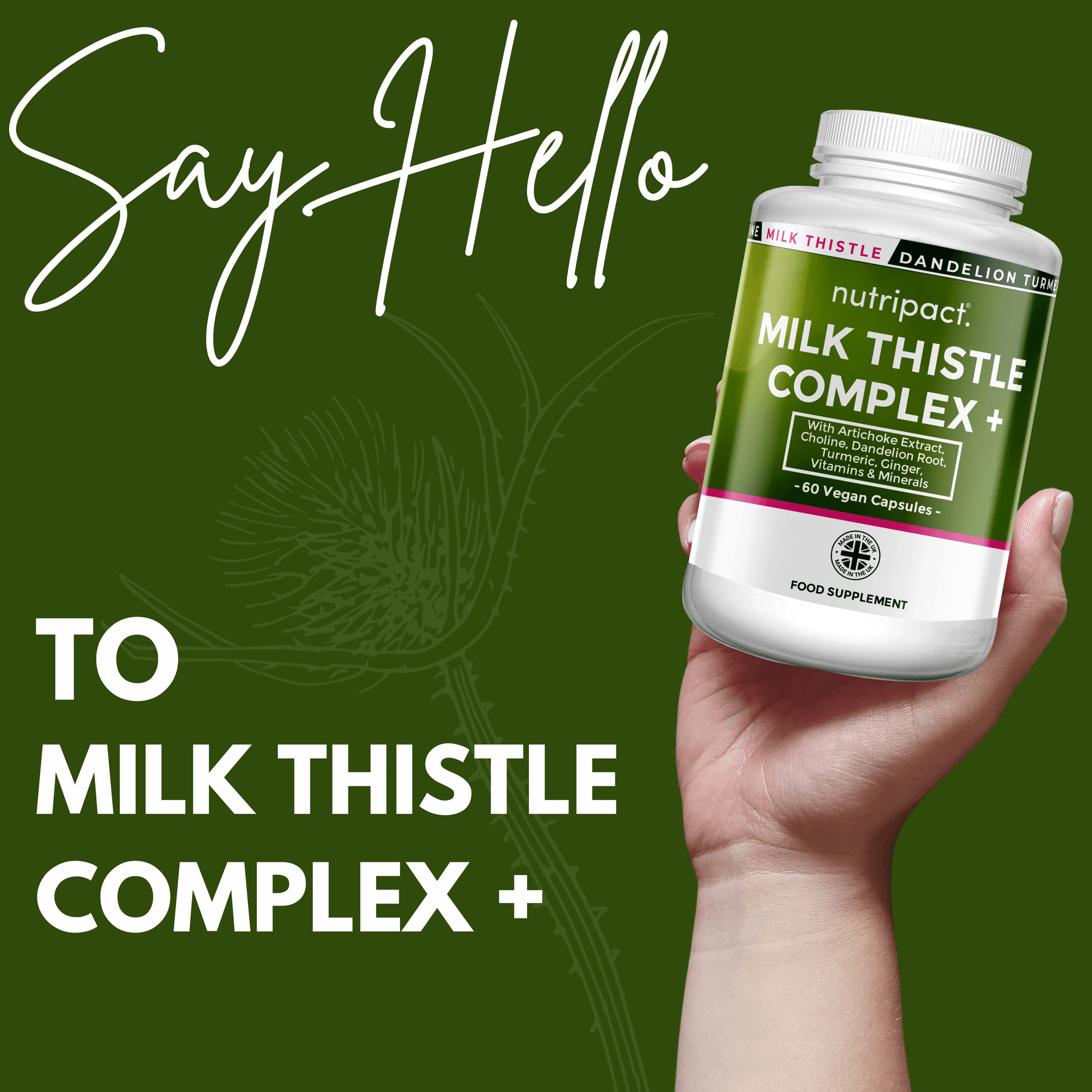 Hand holding a bottle of Nutripact Liver Support Complex Capsules against a green background with promotional text - Say Hello To Milk Thistle Complex +