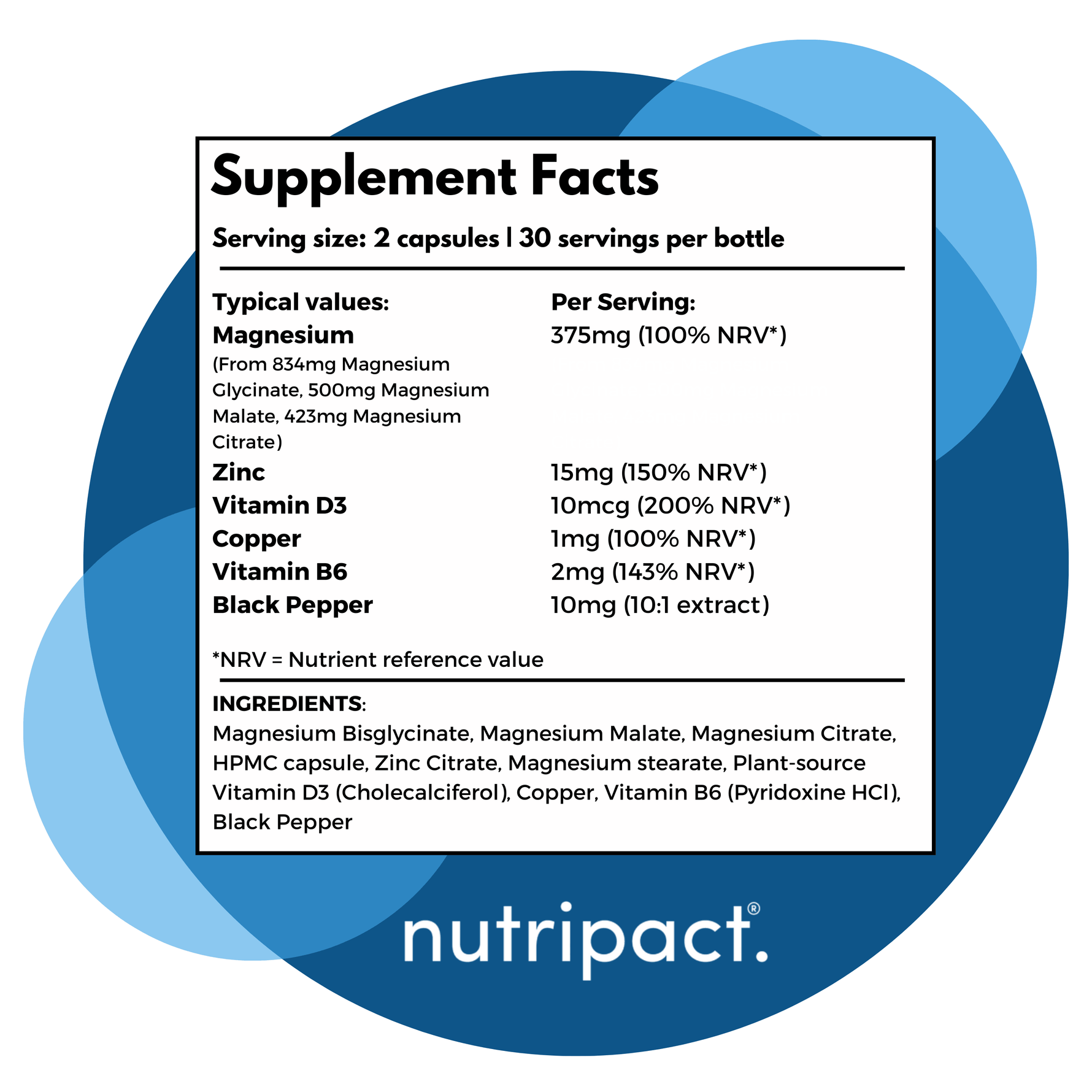 Nutripact Magnesium Complex Capsules nutritional information label showing ingredients and serving size on a white and blue background