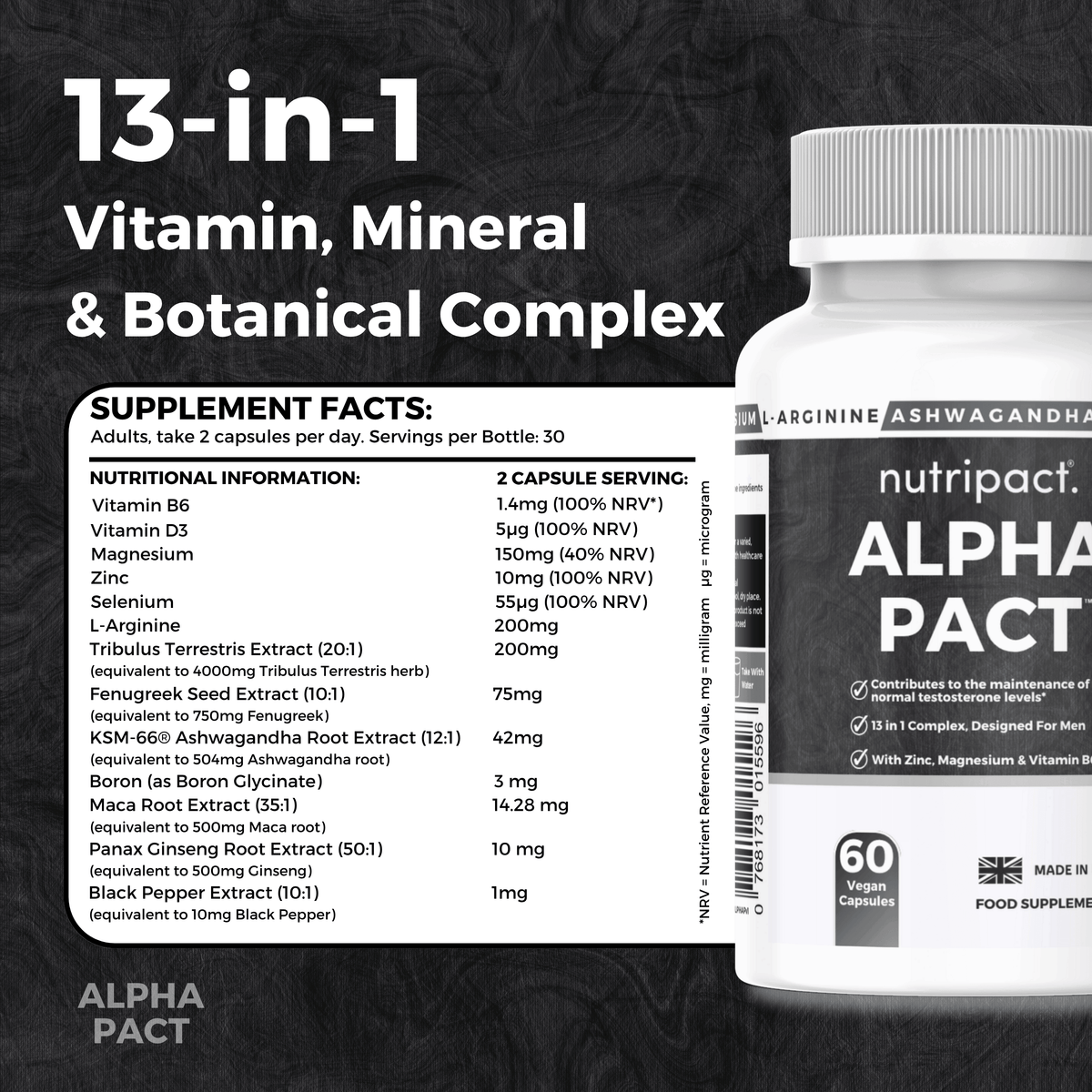 Nutripact Male Vitality Capsules nutritional information label showing ingredients and serving size