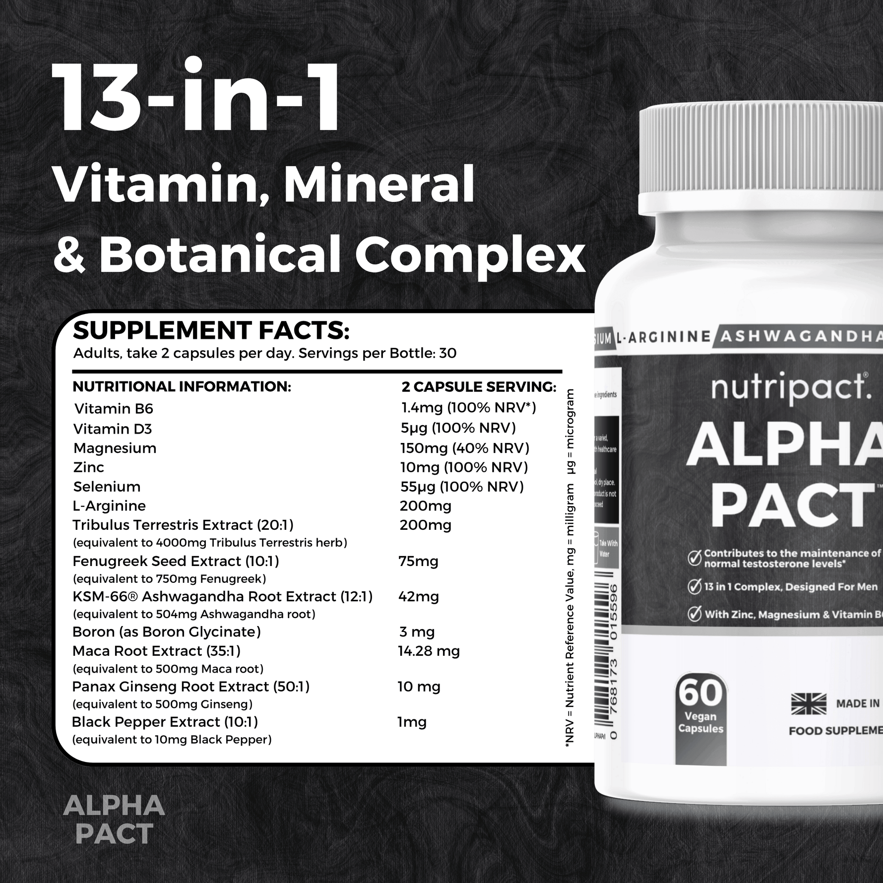 Nutripact Male Vitality Capsules nutritional information label showing ingredients and serving size