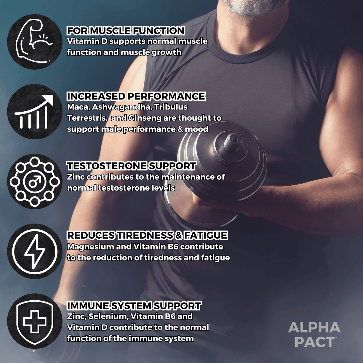 Nutripact Male Vitality Capsules product benefits: Testosterone Levels, Muscle Function, Fertility & Immune Support