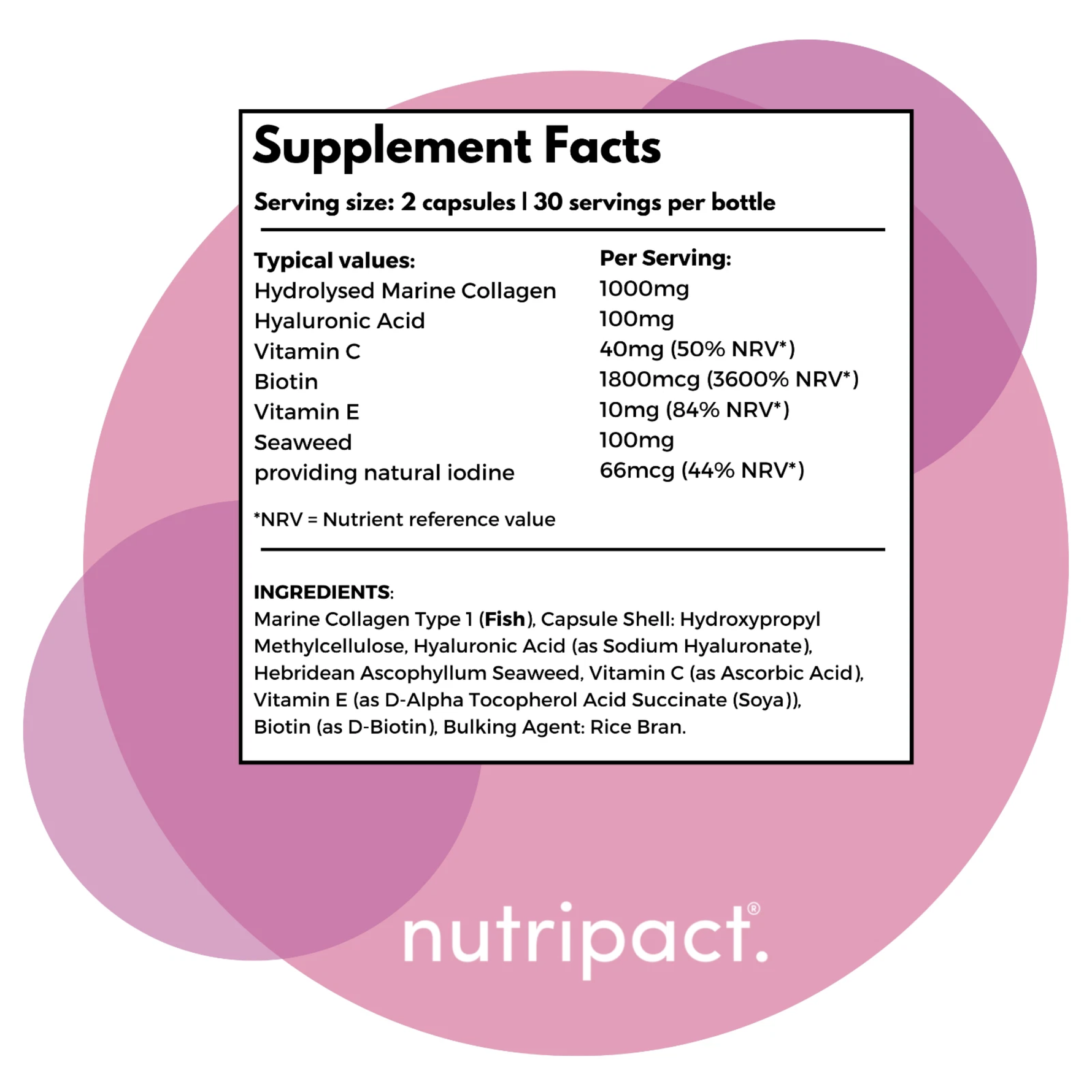 Nutripact Marine Collagen Complex Capsules nutritional information label showing ingredients and serving size