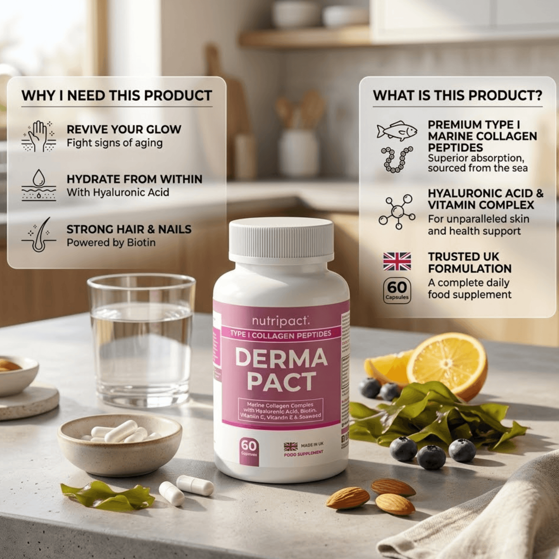 Nutritect Marine Collagen Complex Capsules supplement bottle on a kitchen counter with product details displayed.