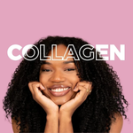 Woman with curly hair against a pink background with 'COLLAGEN' text