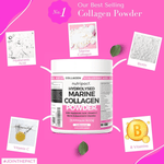 Nutripact Marine Collagen Powder Complex container with ingredients on a pink background. Key ingredients include Marine Collagen, Biotin, B Vitamins, Vitamin C & Hyaluronic Acid