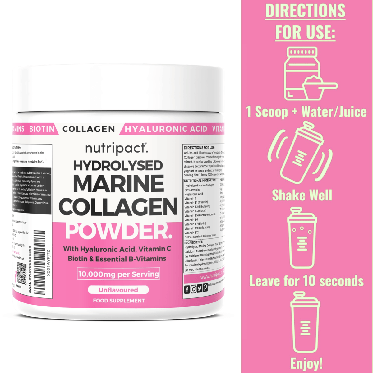 Nutripact Marine Collagen Powder Complex Supplement container with pink label and usage instructions.