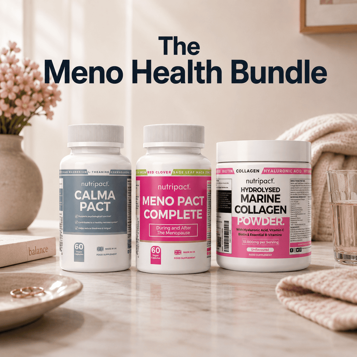 Nutripact Menopause Support Bundle – Natural Supplements for Perimenopause & Menopause support. Includes Nutripact Relaxation & Stress Support Capsules, Perimenopause & Menopause Capsules & Marine Collagen Powder Complex