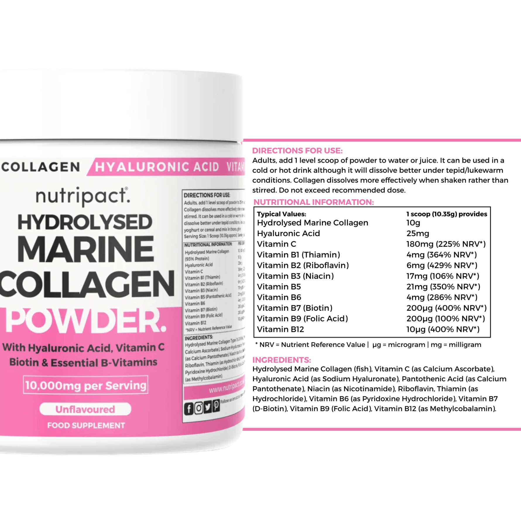 Nutripact Marine Collagen Powder Complex nutritional information label showing ingredients and serving size