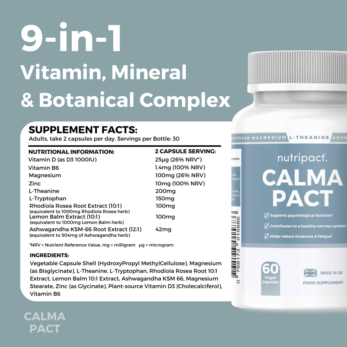 Nutripact Relaxation & Stress Support Capsules nutritional information label showing ingredients and serving size