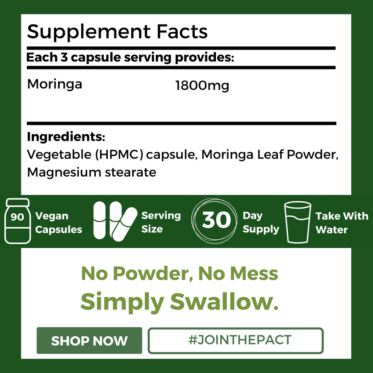 Nutripact Moringa Capsules nutritional information label showing ingredients and serving size