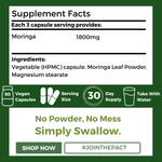 Nutripact Moringa Capsules nutritional information label showing ingredients and serving size