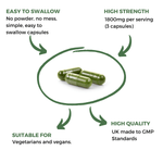 Nutripact Moringa Capsules showing key product attributes on a white background - Easy To Swallow, High Strength, Suitable for Vegetarians and Vegans & High Quality