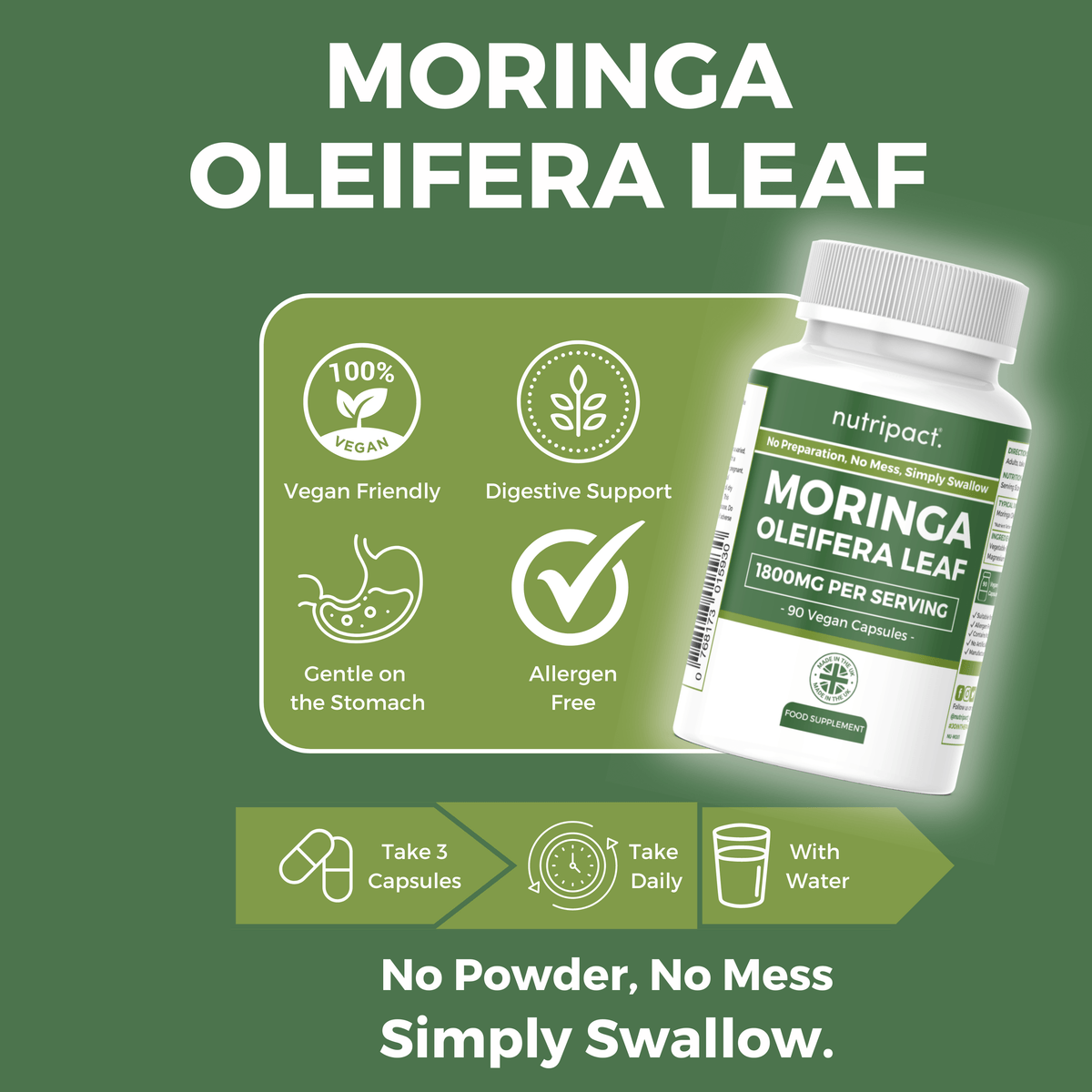 Nutripact Moringa Capsules highlighting key product features on a green background - Vegan Friendly, Digestive Support, Gentle on the Stomach & Allergen Free