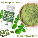 Nutripact Moringa Capsules bottle against a white backround with promotional text - No Prep, No Mess & Simply Swallow