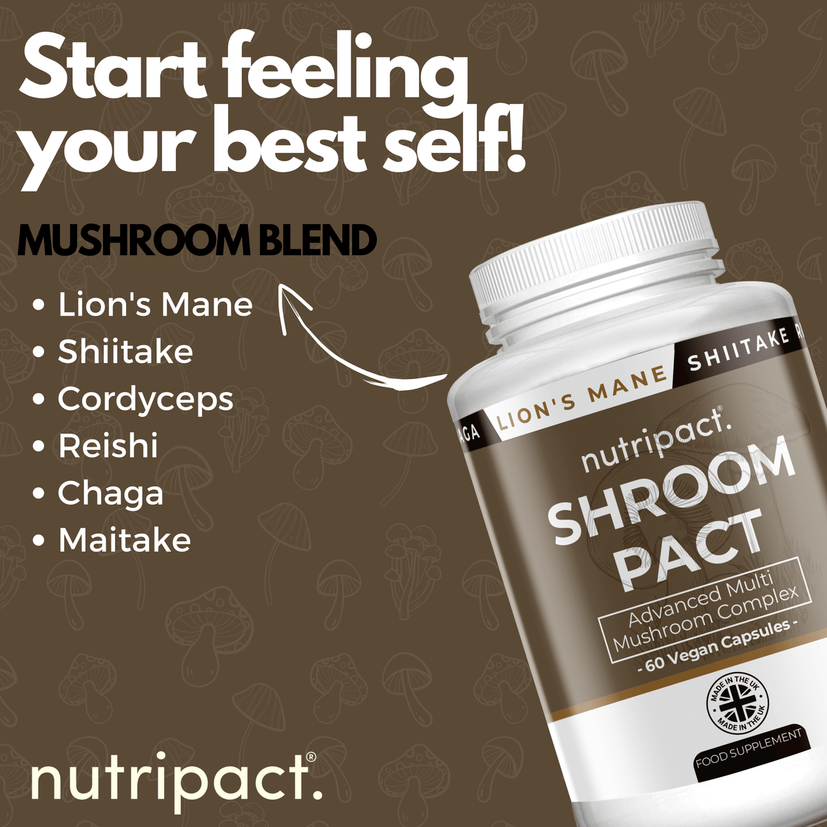 Nutripact Mushroom Complex Capsules supplement bottle showing full product ingredients on a brown background - Lion's Mane, Shiitake, Cordyceps, Reishi, Chaga & Maitake