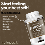 Nutripact Mushroom Complex Capsules supplement bottle showing full product ingredients on a brown background - Lion's Mane, Shiitake, Cordyceps, Reishi, Chaga & Maitake