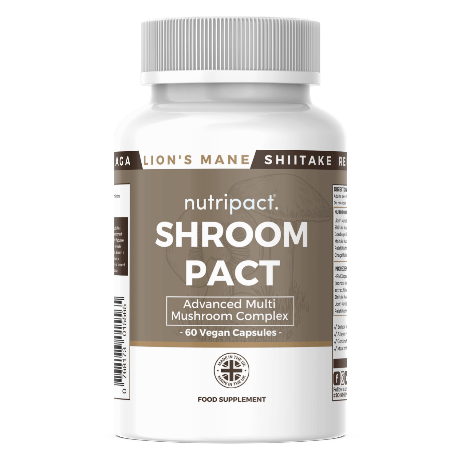 Nutripact Mushroom Complex Capsules supplement bottle on a white background