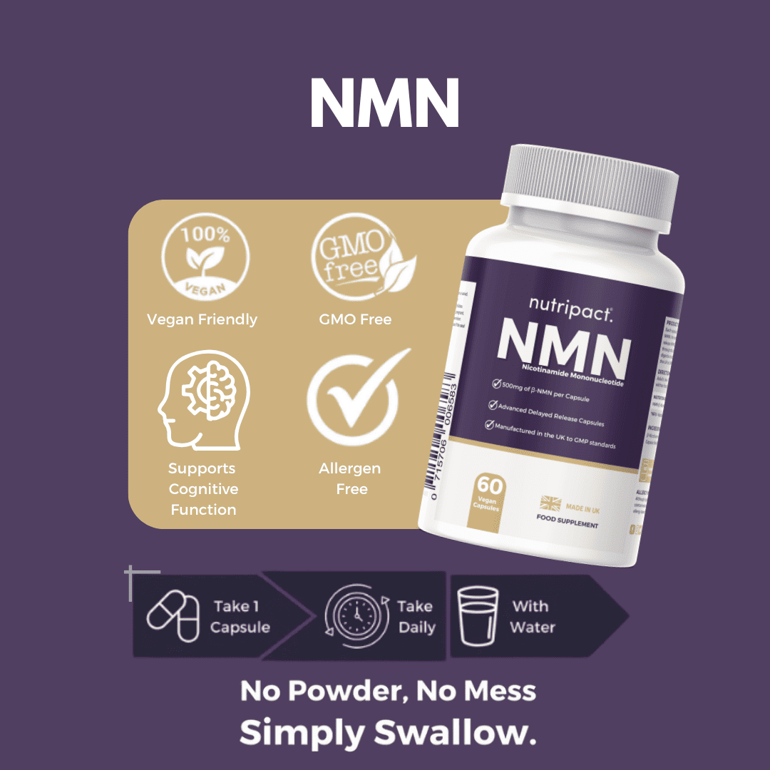 Nutripact NMN 500mg - 60 Capsules highlighting key product features on a purple background - Vegan Friendly, GMO Free, Supports Cognitive Function & Allergen Free