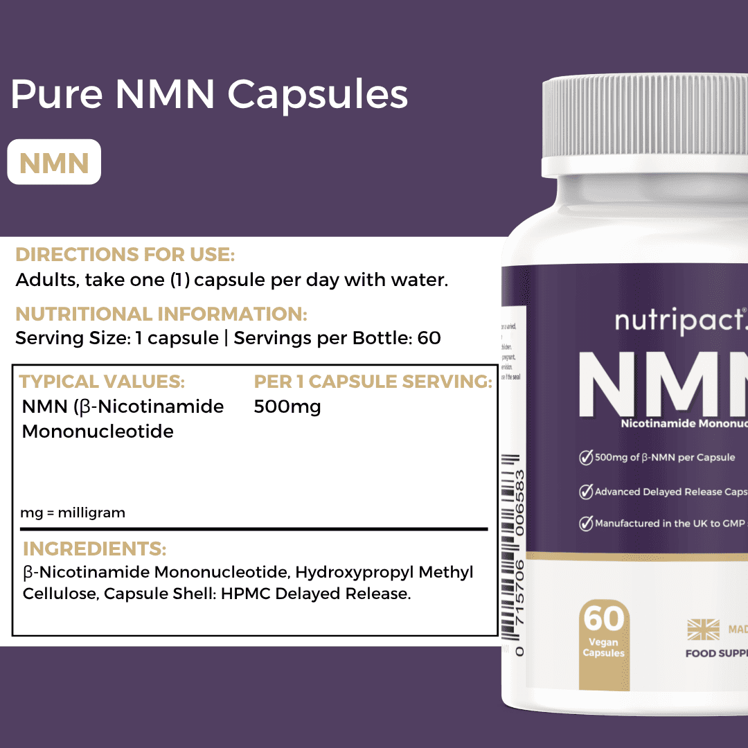 Nutripact NMN 500mg - 60 Capsules nutritional information label showing ingredients and serving size