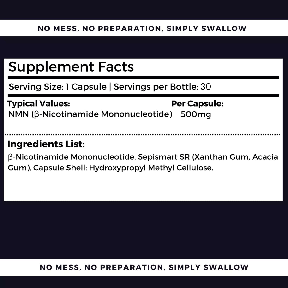 Nutripact NMN Capsules nutritional information label showing ingredients and serving size