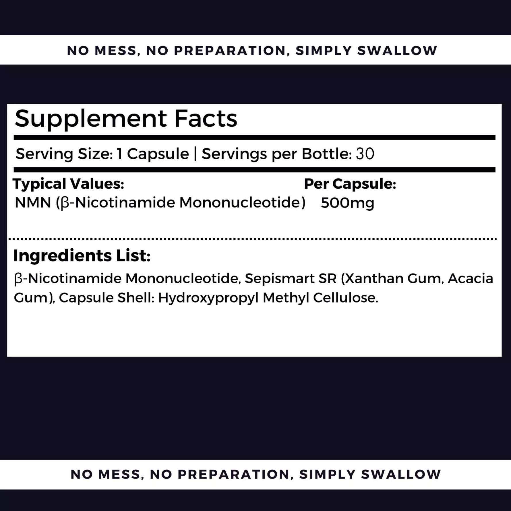 Nutripact NMN Capsules nutritional information label showing ingredients and serving size