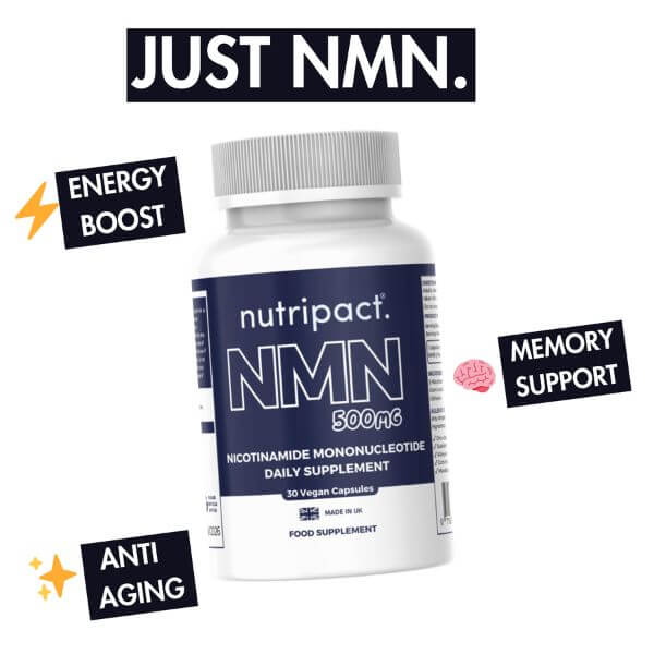 Nutripact NMN Capsules on a white background with product benefits: Energy Boost, Memory Support & Anti Aging